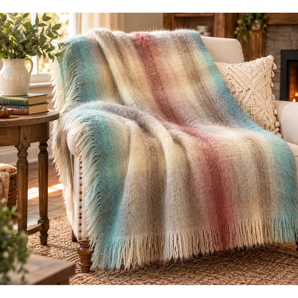 Vintage Andrew Stewart 1960s Mohair Throw Blanket Made in Scotland Plaid 45x62